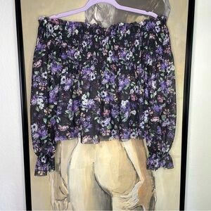 Gina Tricot Sheer Mesh Smocked Floral Peasant Crop Top